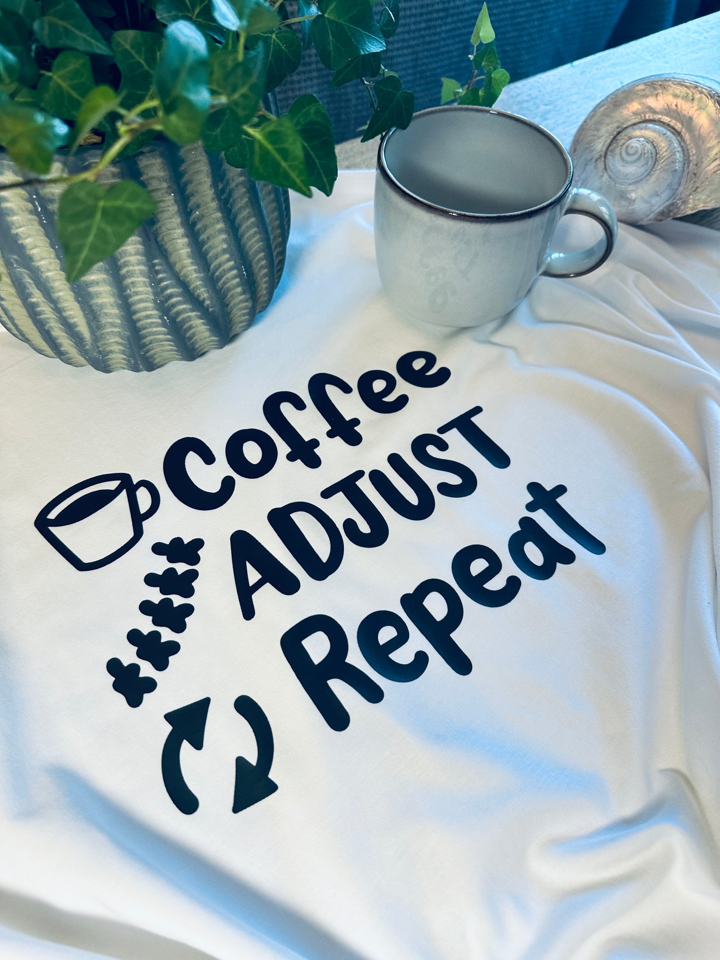 'Coffee Adjust Repeat' Unisex T-shirt (White)