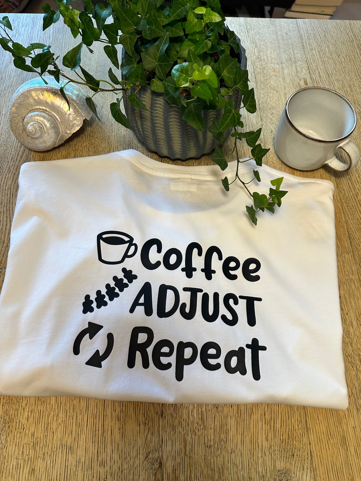 'Coffee Adjust Repeat' Unisex T-shirt (White)