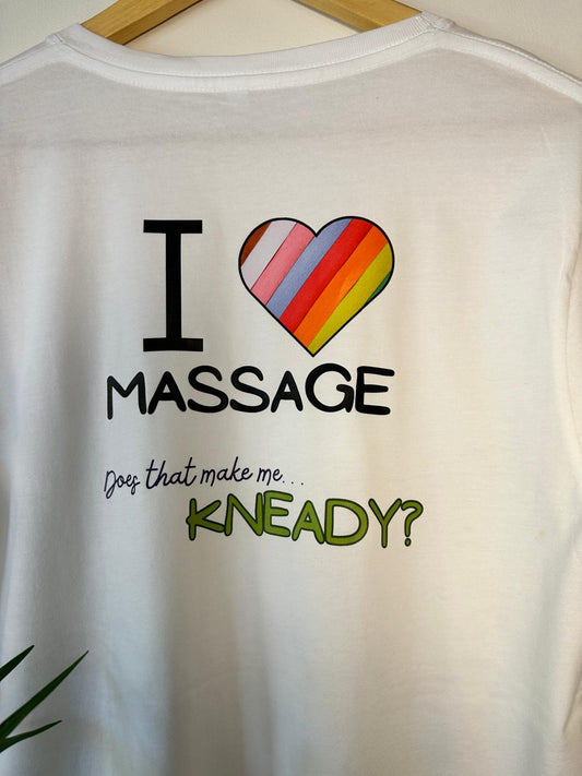 'I love massage does that make me kneady' Unisex T-shirt (White)